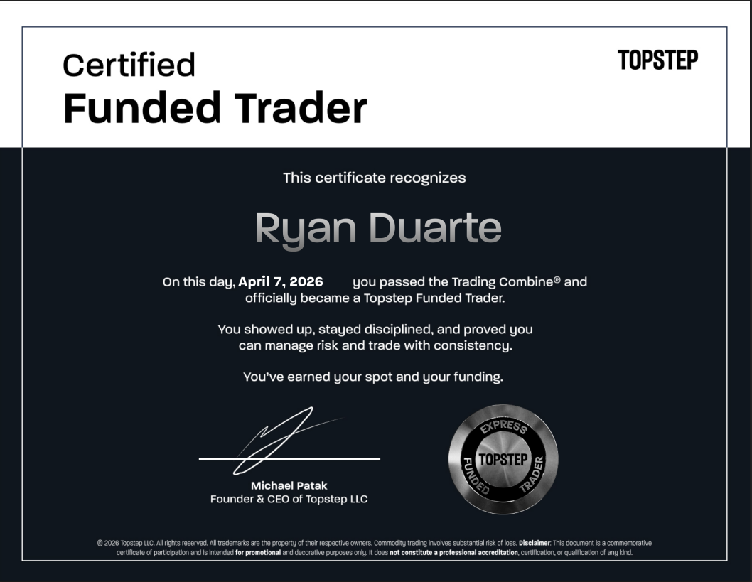 Certificado oficial Topstep Funded Trader — Ryan Duarte